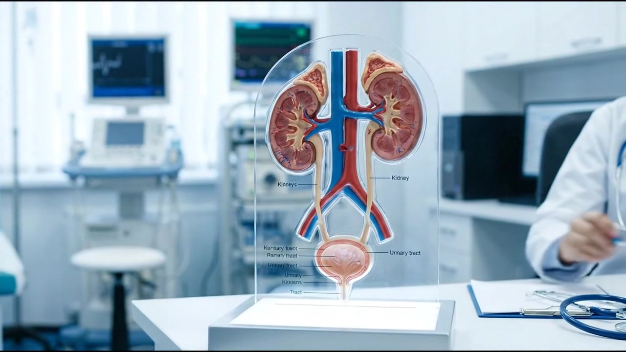 Medical screen interface displaying 3D kidney organ scan and data