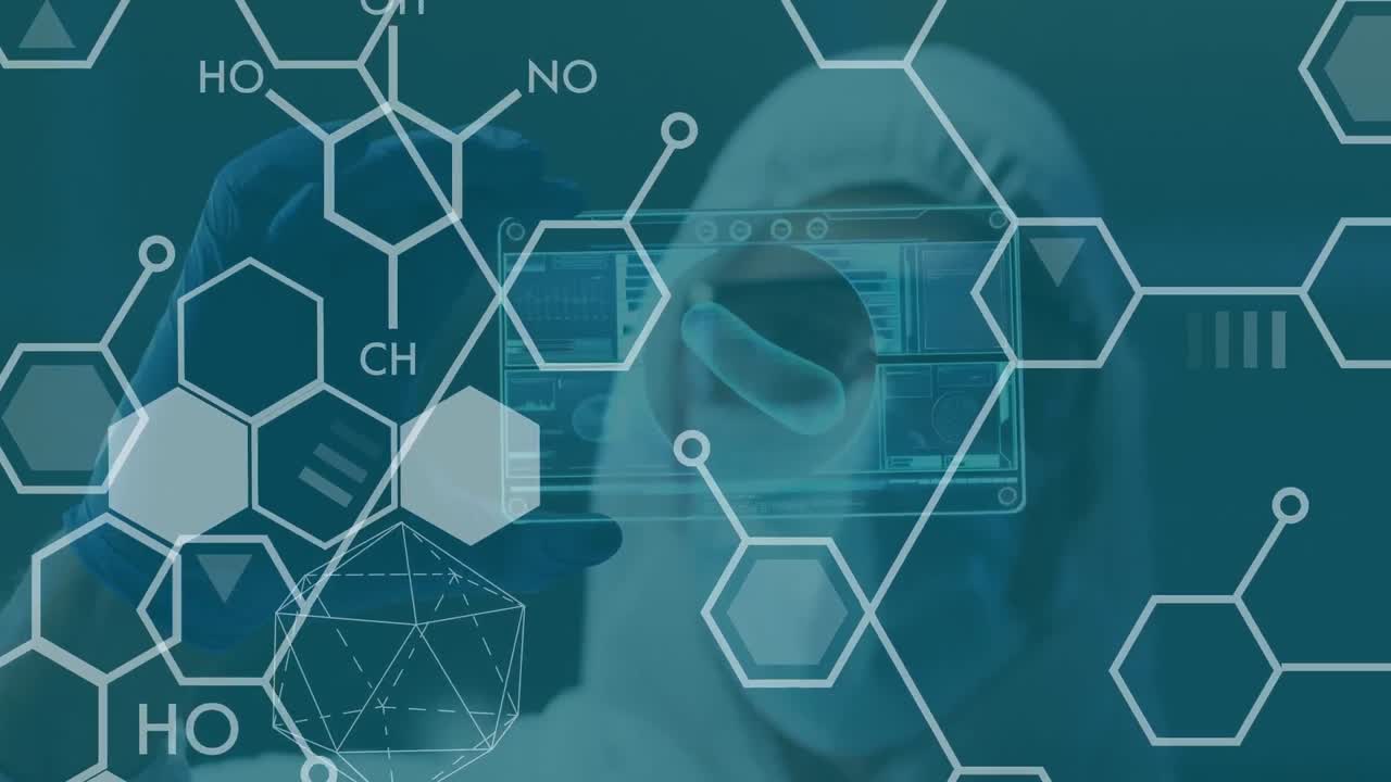 안전복을 입은 백인 의사 위의 분자의 애니메이션