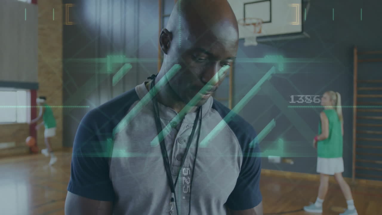 Coach in gymnasium with data processing animation over basketball practice