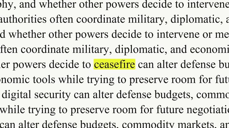 Ceasefire appears in a yellow highlight while black serif paragraphs shift and change, with text about diplomacy, institutions and humanitarian access on a white background.