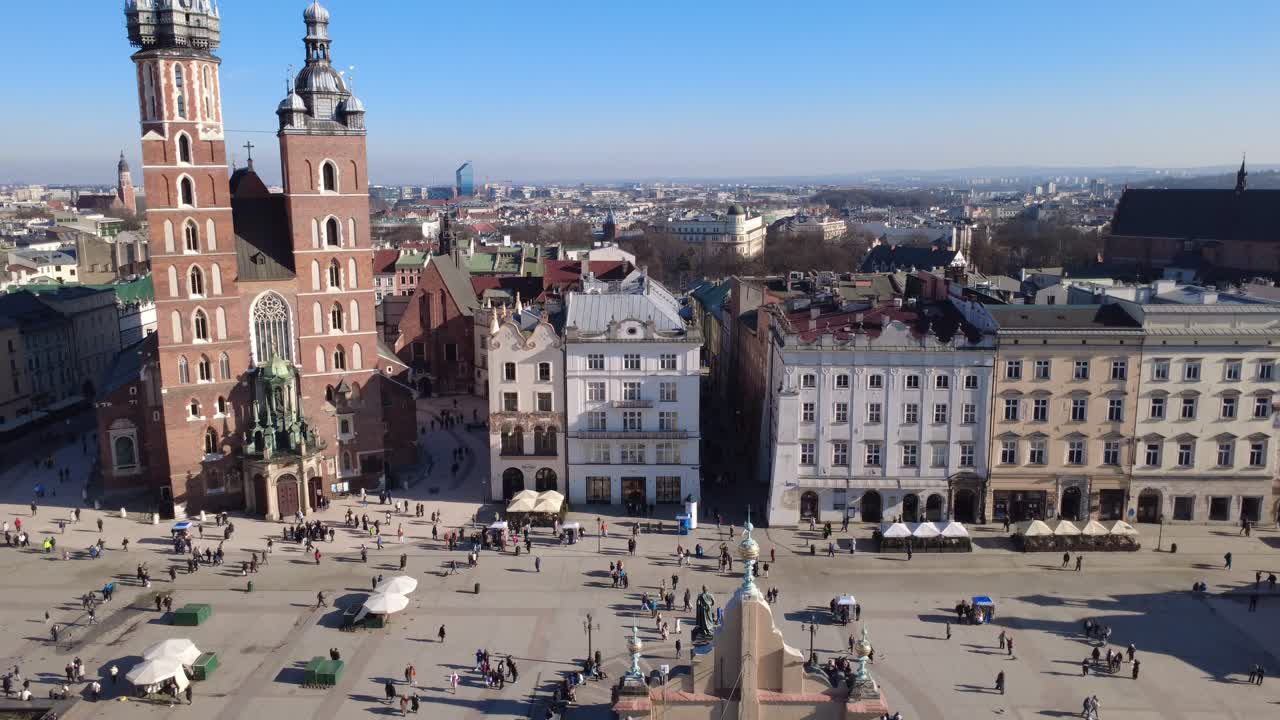 Aerial View of Krakow Main Market Square with St. Mary's Basilica and Cloth Hall