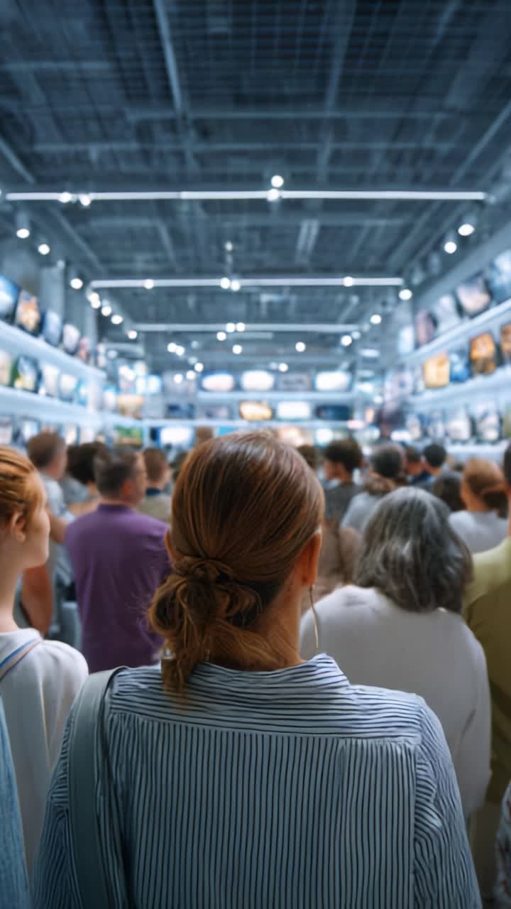 Una folla di appassionati d'arte che ammirano le mostre in una galleria moderna con numerosi display e illuminazione ambientale per un'esperienza coinvolgente