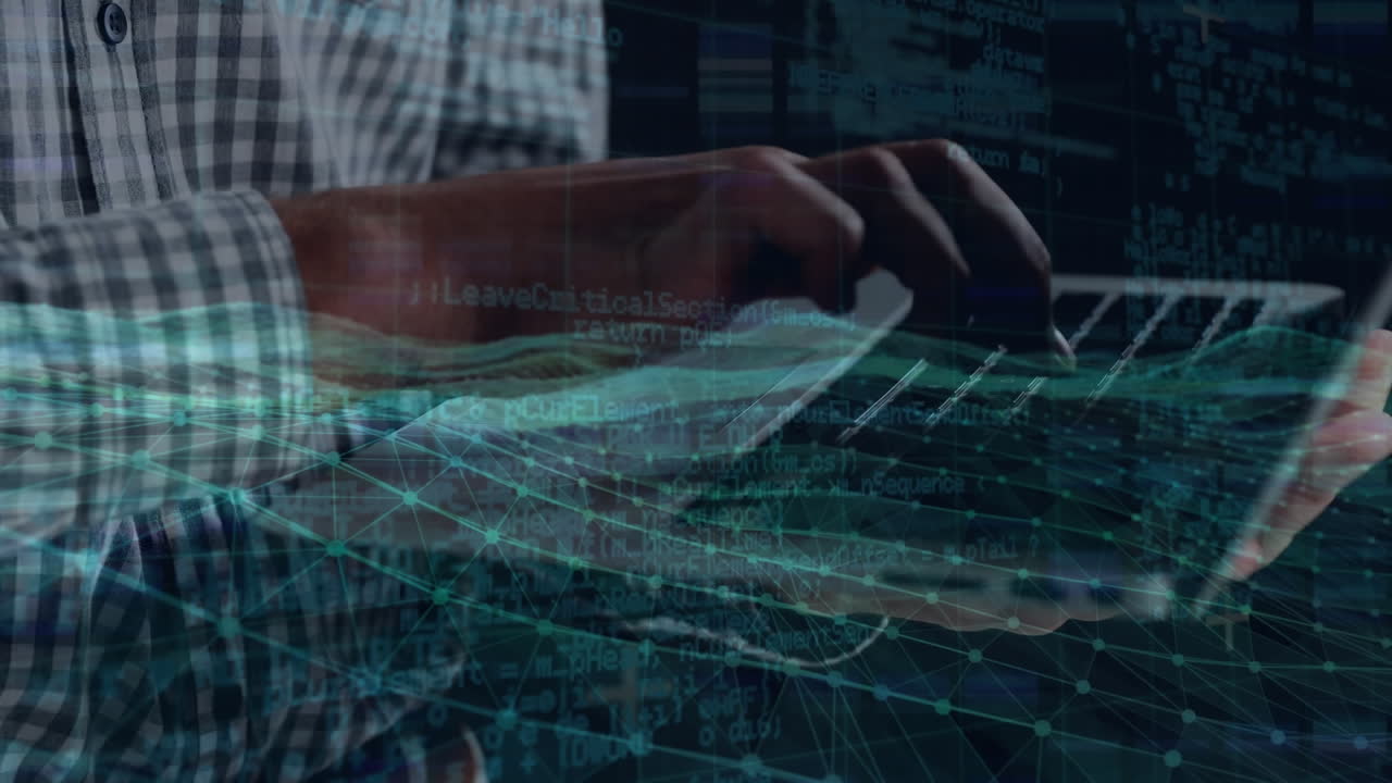 Animation of data processing and digital waves over mid section of man using laptop at office