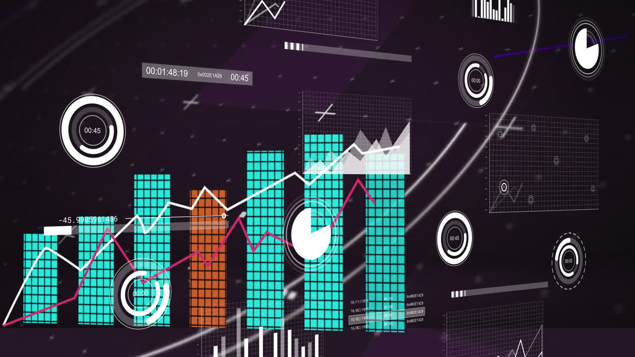 Displaying digital graphs and charts with animation, futuristic design elements