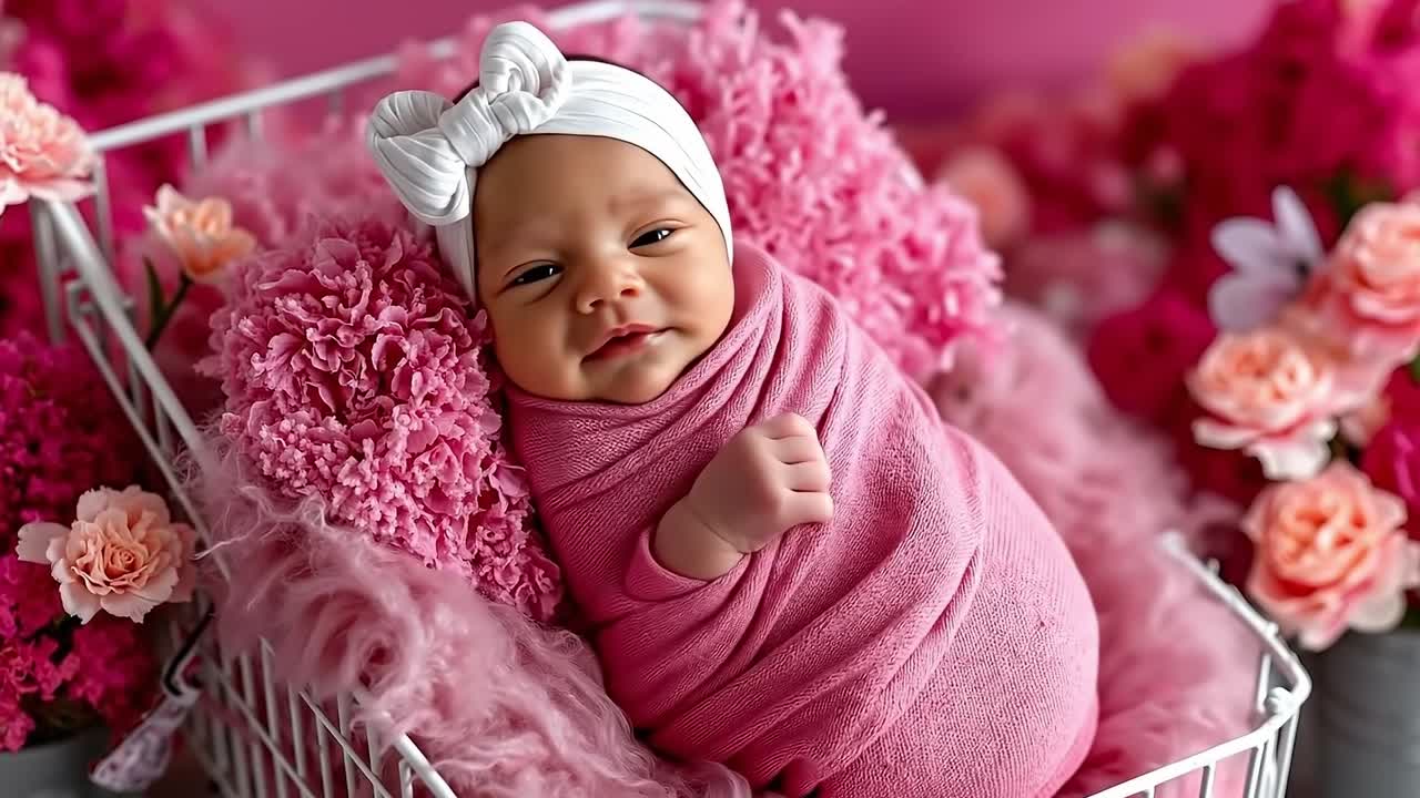 A baby girl sleeping in a basket surrounded by pink flowers