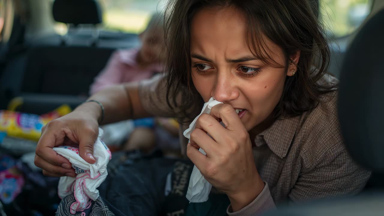 Holding tissue to nose, woman in shirt wiping child's leg cleaning in parked car with wipes