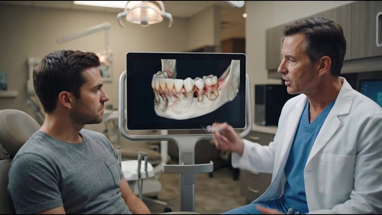 Dentist showing a jaw model to a seated male patient inside a modern professional medical environment