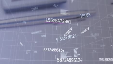 Animation of numbers changing over spinning calculator, pen and notebook on desk in background