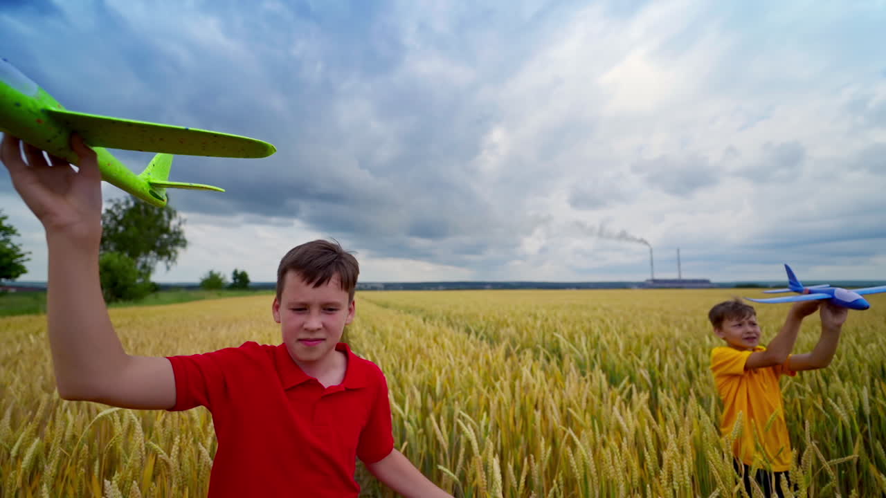 Boys holding big airplane toy. Happy boys holding airplane toy during running