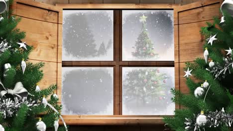 Animación-Digital-De-árboles-De-Navidad-Y-Marcos-De-Ventanas-De-Madera-Contra-La-Nieve-Que-Cae.