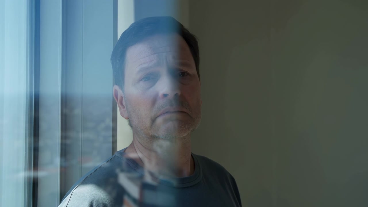 Close view follows subtle change in his head position and unsmiling expression as cool window light crosses his face, while reflections and distant buildings remain softly layered on reflective pane.