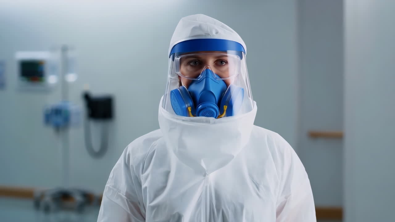 Professionista sanitaria con DPI completi in piedi in ospedale
