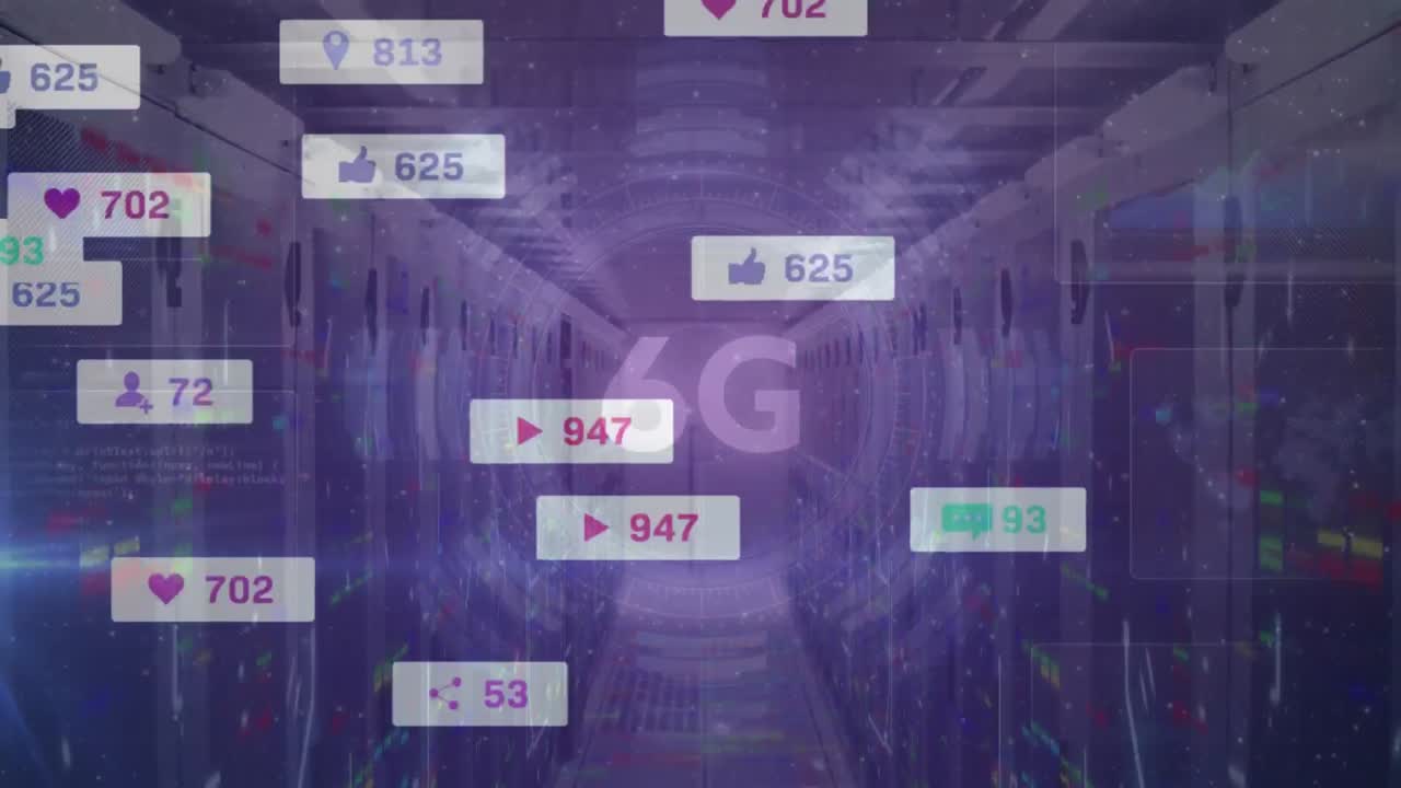 animación de texto 6g, iconos de redes sociales en banners sobre procesamiento de datos y escaneo de alcance