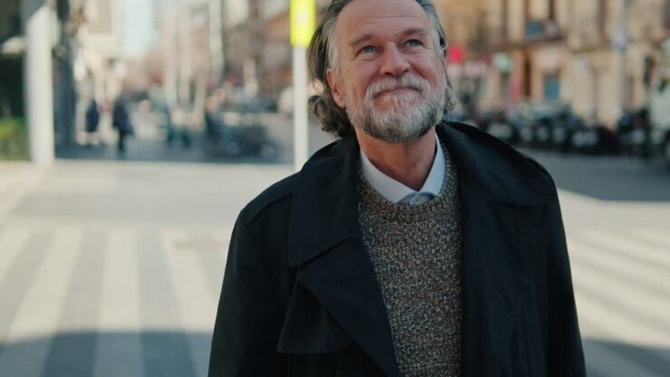 Smiling Senior Man Walks Down City Street