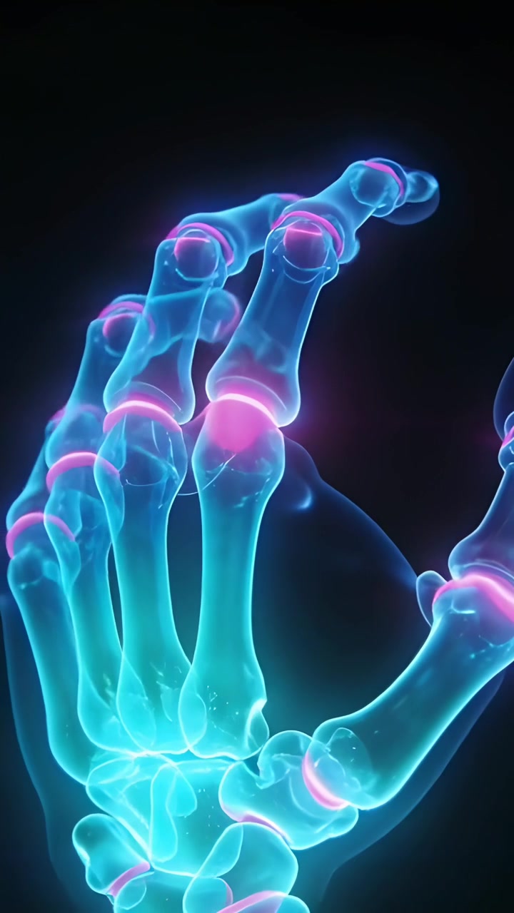 Vertical video: On play cyan hand bones turning, flexing in void, magenta joints pulsing for study