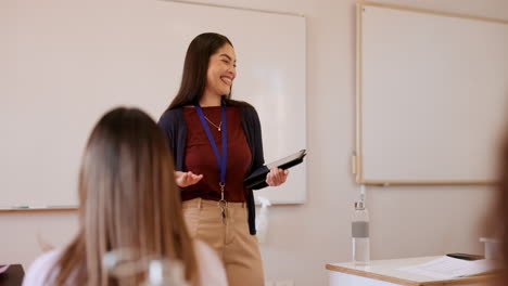 Teacher-woman,-classroom-and-talking-by-board