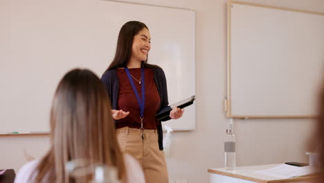 teacher woman, classroom and talking by board