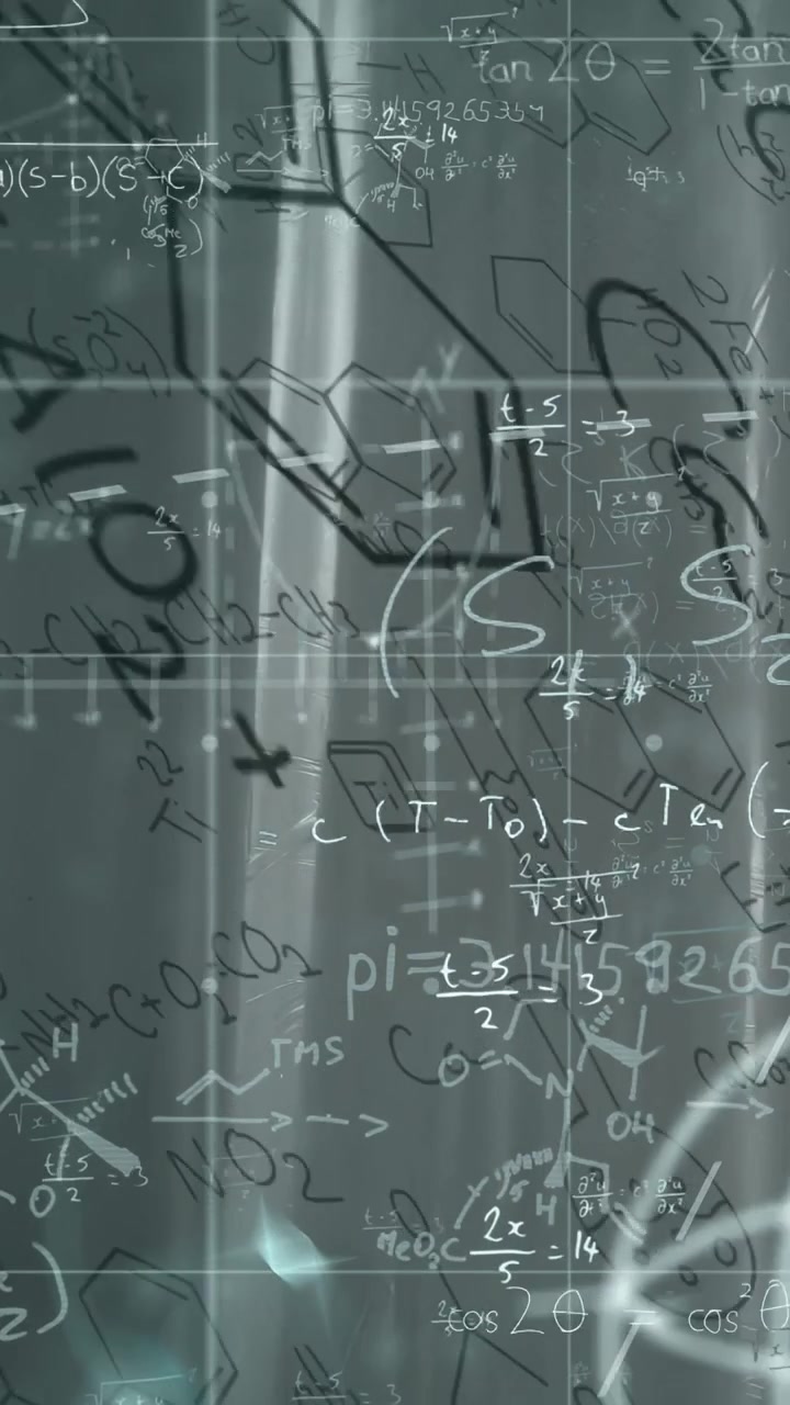 Glass displaying math and science diagrams on grid drifting as light streak shifting showing 1+1=?