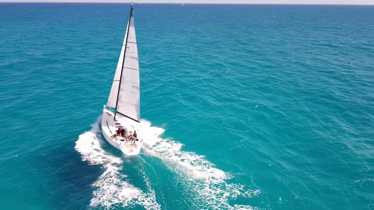 Vista aerea di una barca a vela che naviga su acque oceaniche turchesi