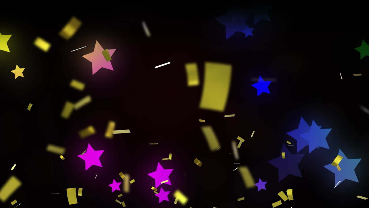 검은색 배경에 다채로운 별 위에 떨어지는 콘페티의 애니메이션