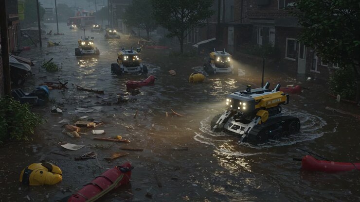 Una flotta di robot di soccorso avanzati naviga attraverso un ambiente urbano allagato, mostrando le loro capacità in acqua e detriti mentre assistono negli sforzi di soccorso in caso di calamità.