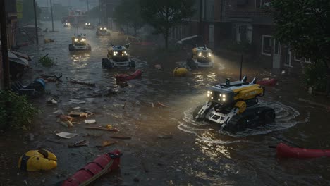 a fleet of advanced rescue robots navigates through a flooded urban environment, showcasing their capabilities in water and debris while aiding in disaster relief efforts