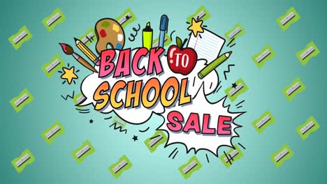 Animation-Des-Texts-„Back-To-School-Sale“-über-Symbolen-Für-Schulartikel-Auf-Grünem-Hintergrund