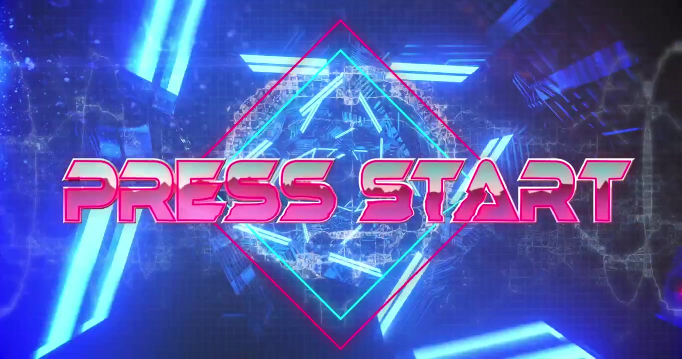 Testo animato "Premi Start" su un'interfaccia di videogioco rosa metallizzato