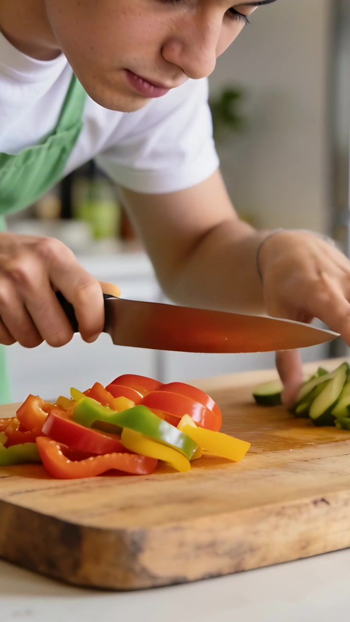Video verticale: Cuoco con grembiule che affetta peperoni e cetrioli su un tagliere per la preparazione del pasto