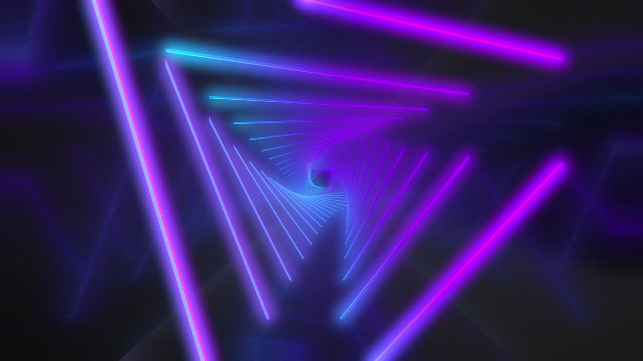 volo astratto in corridoio futuristico con triangoli, anello senza cuciture sfondo 4k, luce ultravioletta fluorescente, linee di neon laser colorate, tunnel geometrico infinito, spettro rosa blu,