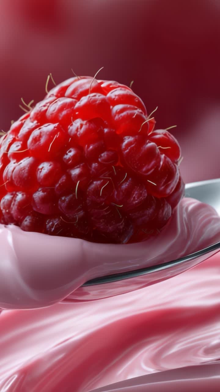 Vibrant Raspberry resting atop smooth pink cream, showcasing its textured surface and rich color against a soft, blurred background, symbolizing freshness and indulgence