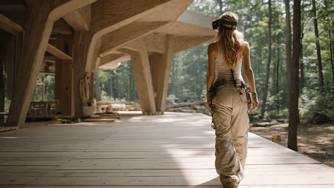 A Woman in Workwear Walks Confidently on a Wooden Deck Surrounded by Nature, Showcasing the Fusion of Modern Architecture and Beautiful Surroundings