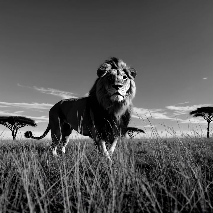 Maestoso leone maschio che cammina attraverso la savana africana