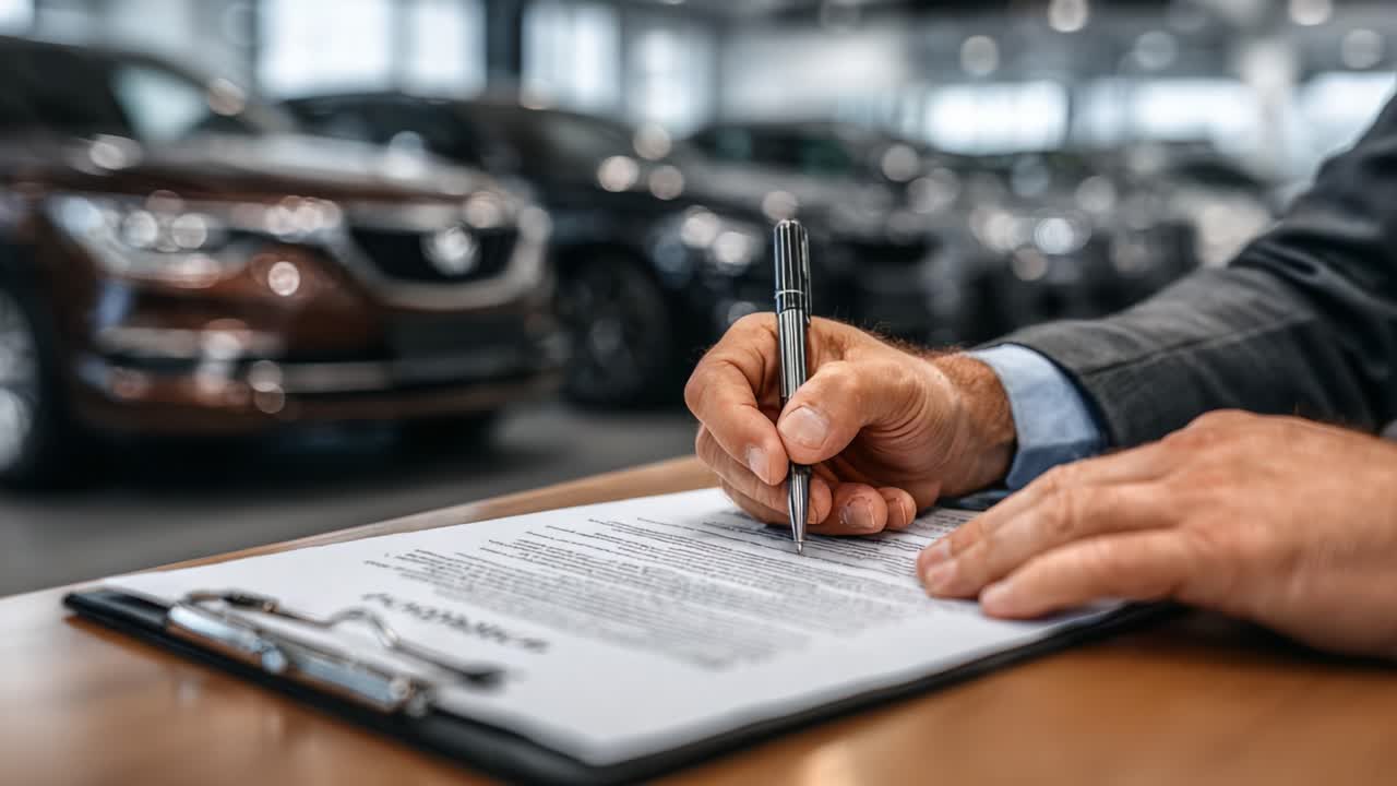 Un professionista che firma un documento in una concessionaria auto, catturando l'essenza della negoziazione e dell'impegno per l'acquisto di un veicolo in un ambiente di lusso