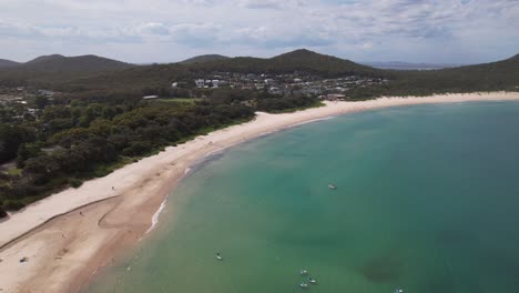 Tourists At Fingal Bay Beach In New South Wales, Australia - Drone Shot