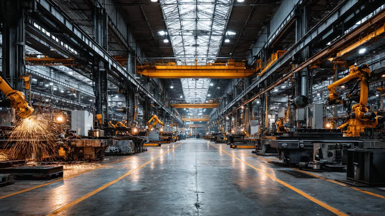 A Spacious Industrial Manufacturing Facility Showcasing Advanced Robotics and Automation in Action, Featuring High-Tech Machinery and a Brightly Lit Interior
