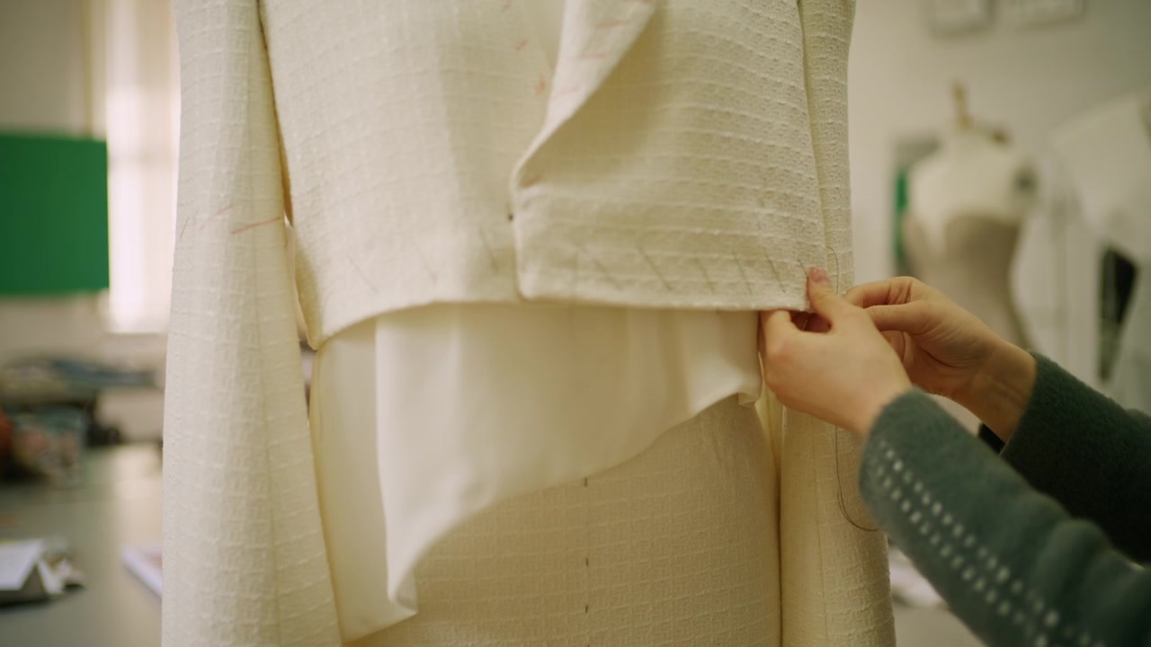 Nahaufnahme eines strukturierten weißen Kleidungsstücks auf einer Schneiderpuppe, wobei ein Designer den weiten Ärmel anpasst.