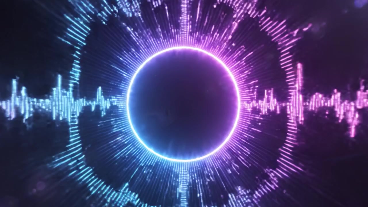 Dynamic Visual Representation of Sound Waves: A Transition from a Circular Form to Expanding Wave Patterns with Vibrant Colors and a Dark Background