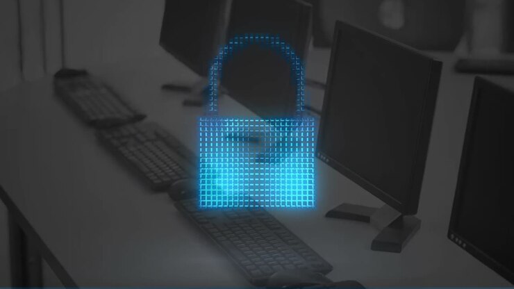 Animation of digital padlock and cloud over computers in office