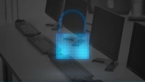 Animation of digital padlock and cloud over computers in office