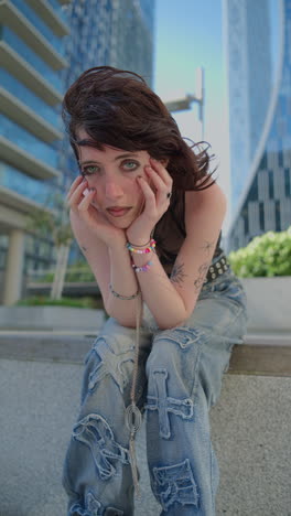 Vertical-Video-Outdoor-Fashion-Portrait-Of-Young-Alternative-Style-Woman-With-Tattoos-And-Piercing-Sitting-Outside-Modern-Buildings-At-Canary-Wharf-London-Shot-In-Real-Time