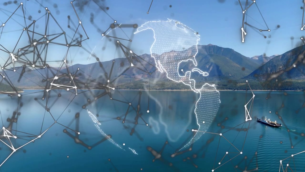 Rete nodale che entra nell'inquadratura, globo che appare gradualmente sopra un lago e ruota, rete che pulsa mostrando i collegamenti