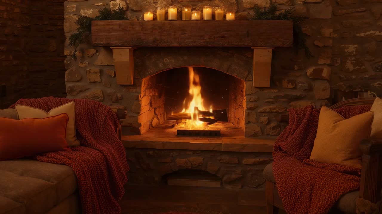 Knastrande härd hemma med tända vedträn och levande ljus som visar flammor som avtar och växer, och värmer upp rummet