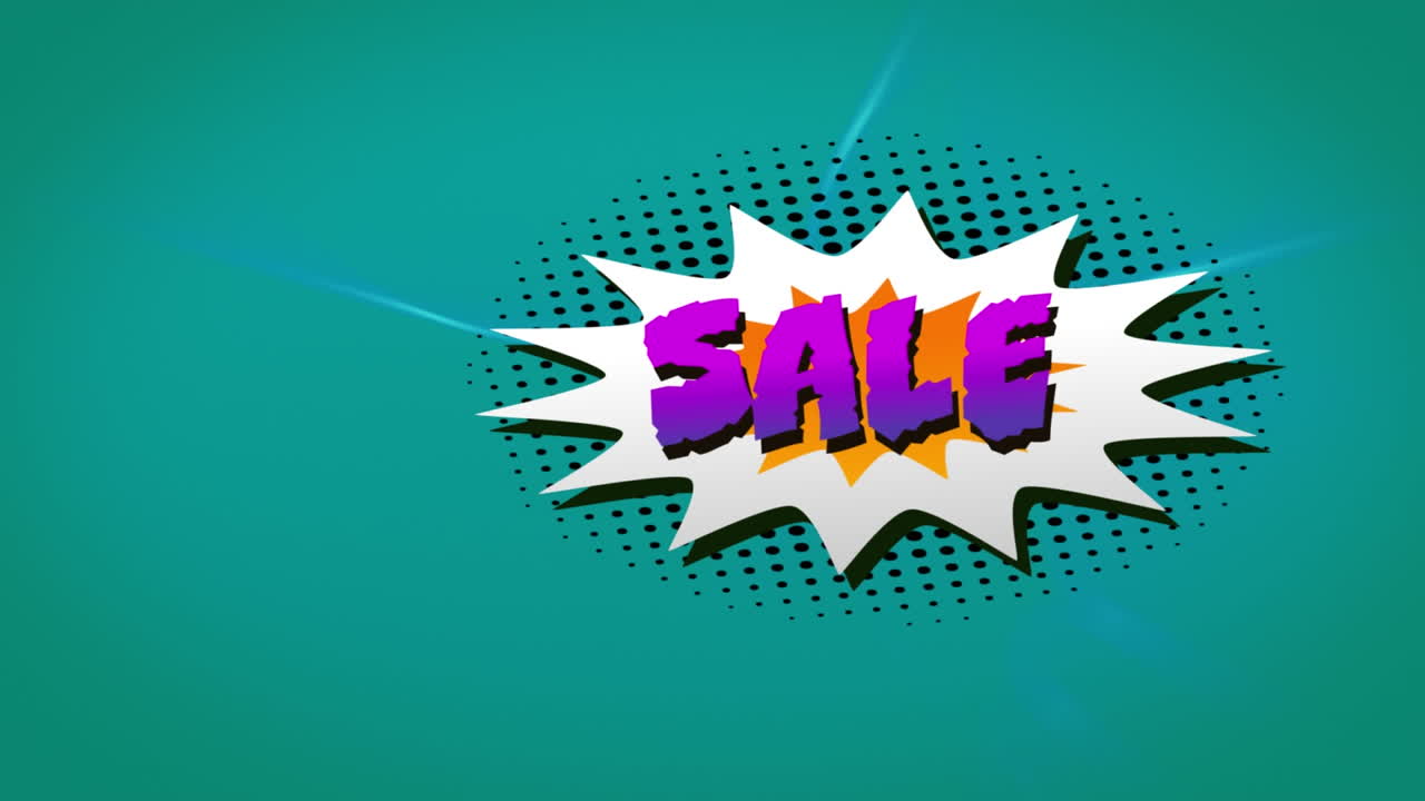 animación digital de texto de venta sobre burbuja de habla retro contra rastros de luz en fondo verde