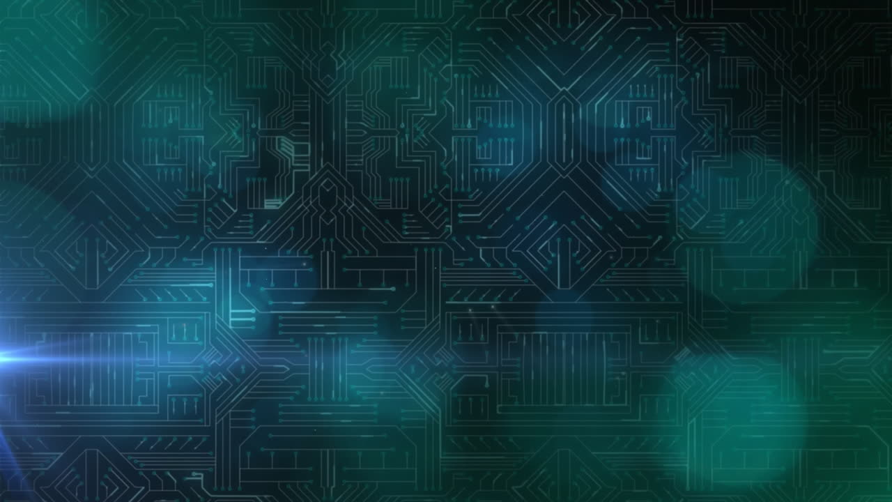 animación del procesamiento de datos en una placa de circuito luminoso de computadora