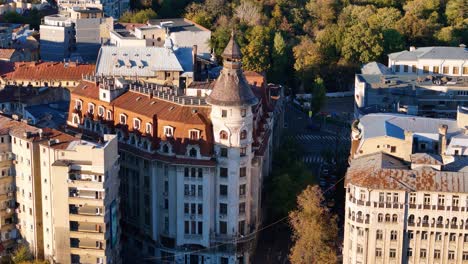 rotating aerial view over the bulandra theatre, izvor district, bucharest, romania