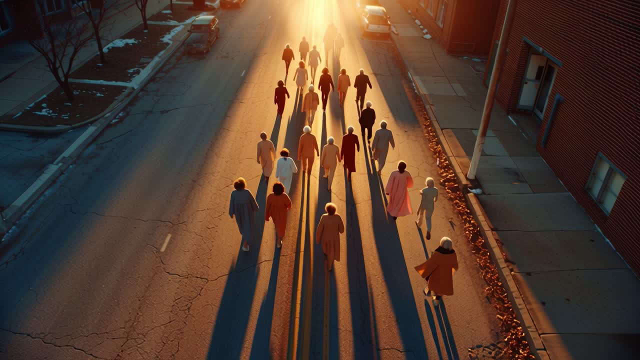 A Serene Walk: A Group of People in Colorful Attire March Together Under a Golden Sunset, Casting Long Shadows on an Empty Urban Street Surrounded by City Buildings