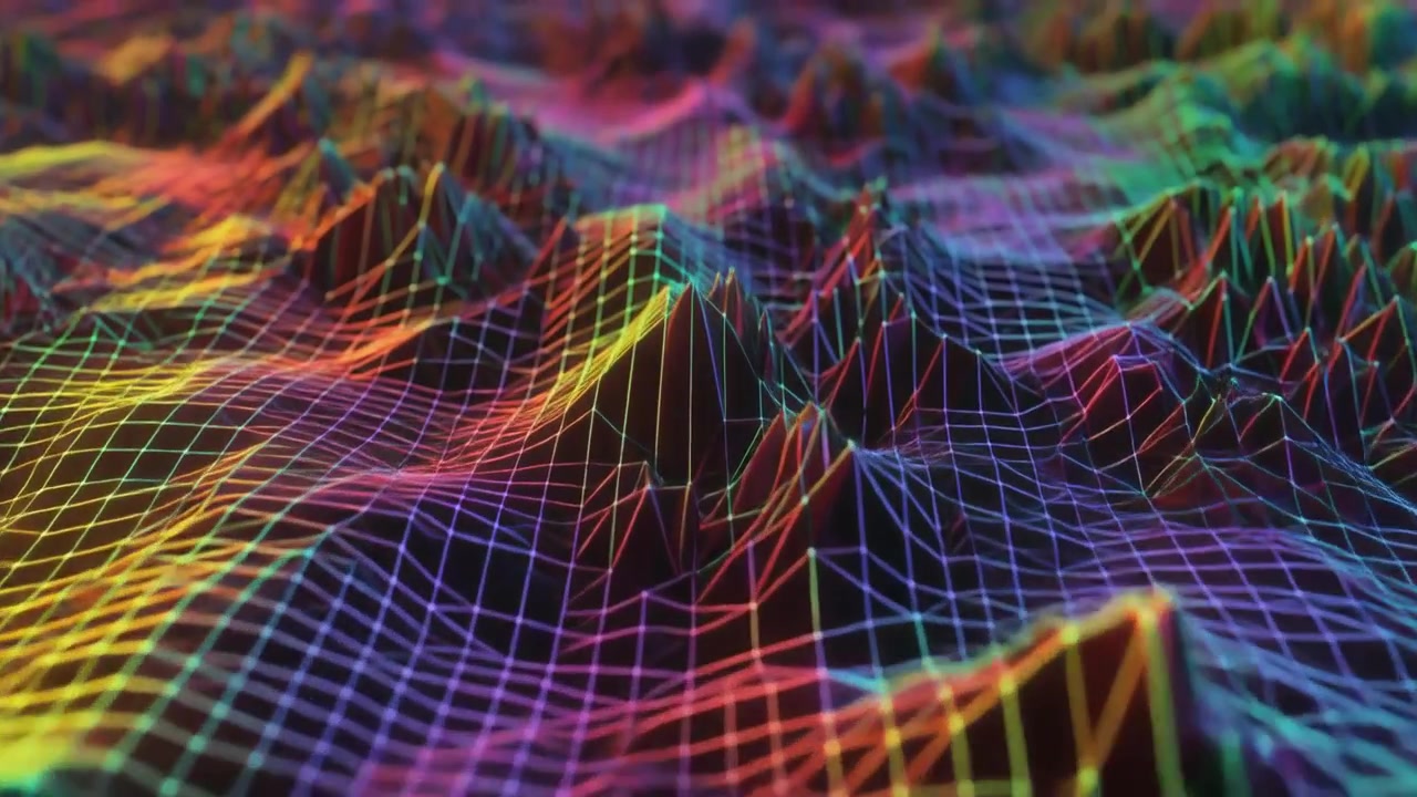 Abstract Digital Terrain with Rainbow Wireframe Grid