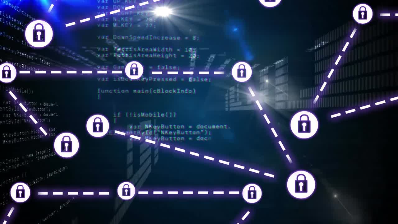 Animation of network of connections with icons over data processing