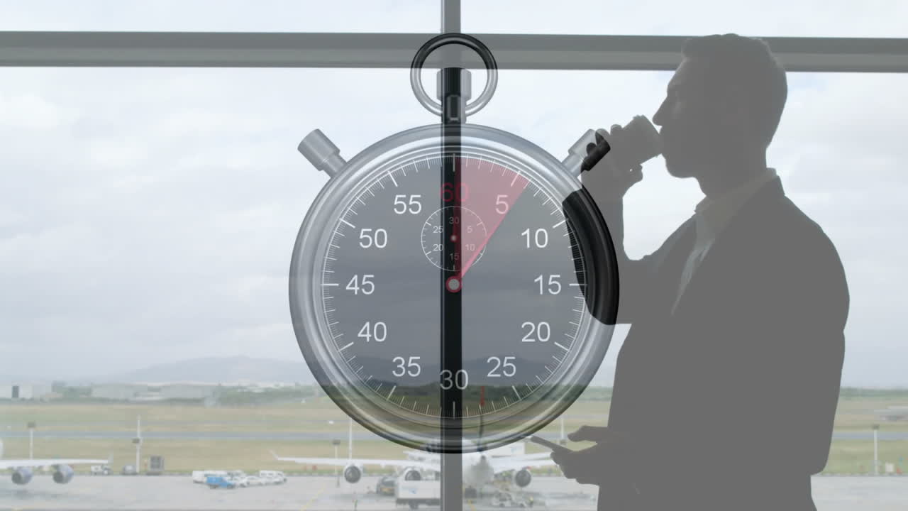 커피를 마시는 백인 사업가 위에 움직이는 타이머의 애니메이션